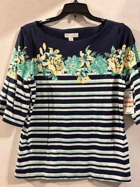 Charter Club Navy Striped Top with Mint & Yellow Floral Yoke